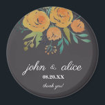 Gult Orange och Brown Blommigt Bröllop Magnet<br><div class="desc">En del av A Touch of Gult Blommigt Peonies and Ro Collection. Detta är en klassisk magnet och elegant bröllop designad med gult orange ro och peonier,  botaniskt och eukalyptus löv i en mörk brun bakgrund. Ett tack till dina gäster.</div>