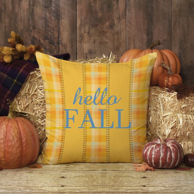 Gult Orange Play Gingham Family Namn Hej Fall Kudde (Skapare uppladdad)