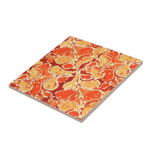 Gult Orange Red Bali Batik Stil Paisley Mönster Kakelplatta