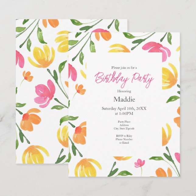 Gult Orange Rosa Vattenfärgens Blommigt Stems Möns Inbjudningar (Fram/baksida)