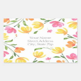 Gult Orange Rosa Vattenfärgens Blommigt Stems Möns Rektangulärt Klistermärke