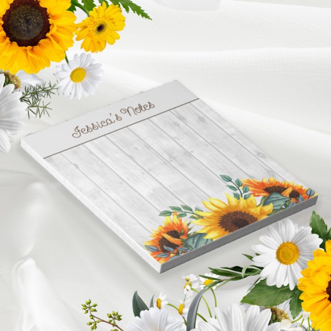Gult Orange Solblommor White Rustic Wood Namn Anteckningsblock (Skapare uppladdad)