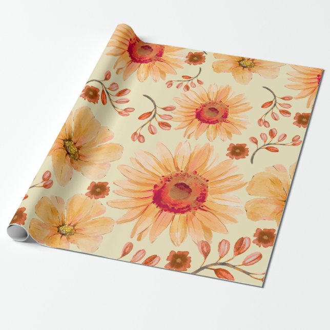 Gult Orange Terracotta Watercolor Blommigt Presentpapper (Utrullad)