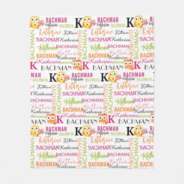 Gult Orange Uggla med Namn och monogram Collage Fleecefilt (Framsidan)