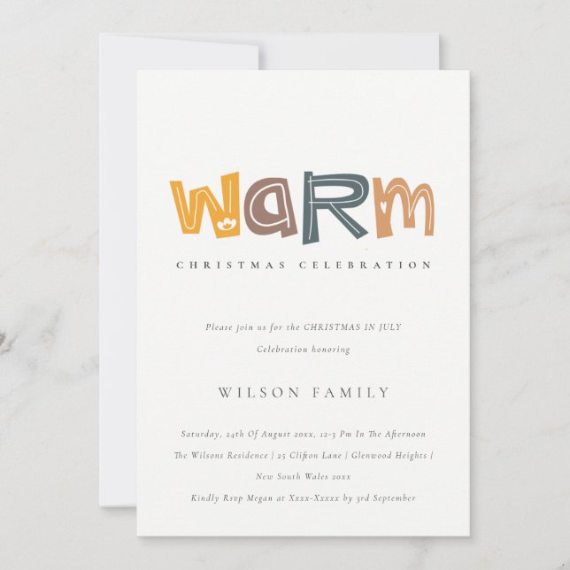 Gult Orange Varm jul i juli Party Inbjudan (Framsida)