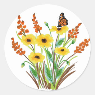 Gult Orange Vattenfärgblommor och fjäril Runt Klistermärke