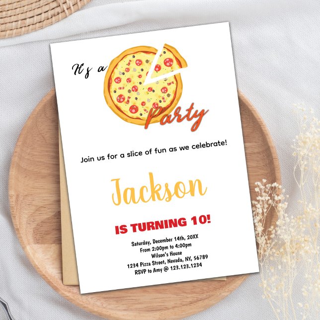 Gult Orange Vita rödpizza-kallelser på födelsedage Inbjudningar (Yellow Orange White Red Pizza Birthday Invitations)