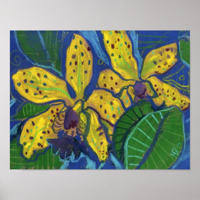 Gult Orchid Flowers, Pastel Painting Blommigt Art Poster (Framsidan)