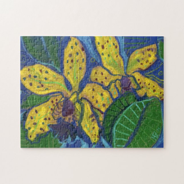 Gult Orchid Flowers, Pastel Painting Blommigt Art Pussel (Horisontell)