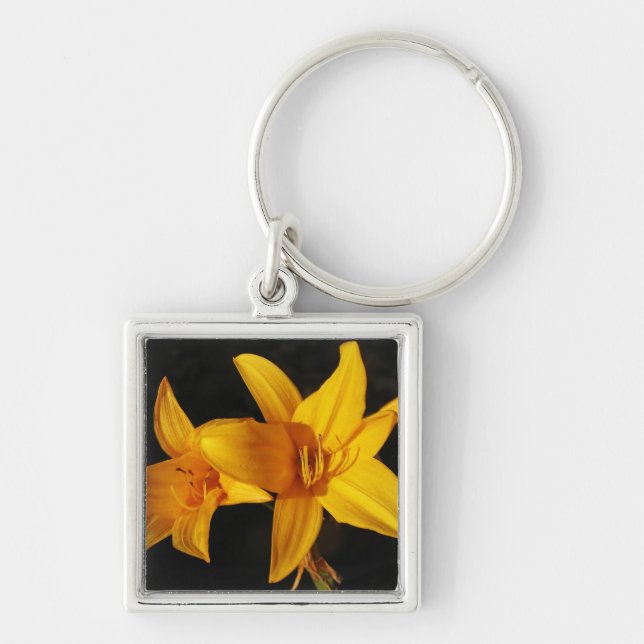 Gult Orchid Fyrkantig Silverfärgad Nyckelring (Framsidan)