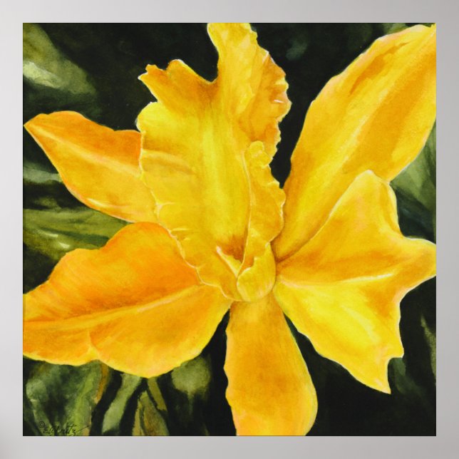 Gult Orchid Painting grönt - bakgrund - akryl Poster (Framsidan)