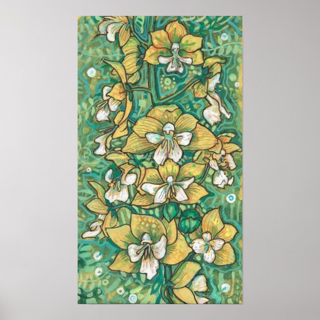 Gult Orchid Tropical Flowers Blommigt Painting Art Poster (Framsidan)