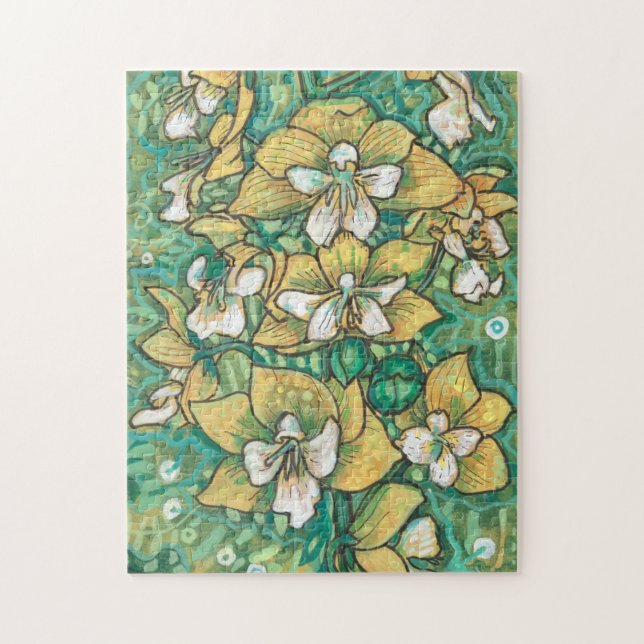 Gult Orchid Tropical Flowers Blommigt Painting Art Pussel (Vertikal)