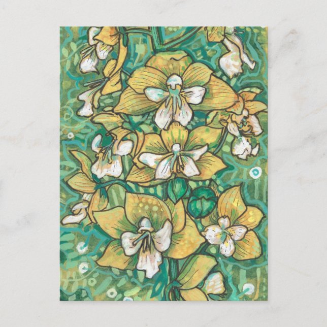 Gult Orchid Tropical Flowers Blommigt Painting Art Vykort (Framsida)