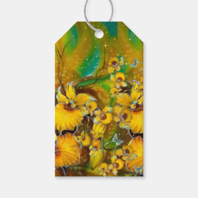 Gult Orchids Magic Guld Sparkles Stars Grönt Presentetikett (Framsidan)