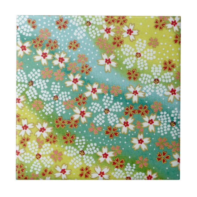 Gult Origami för blått för vårSakura körsbärsröd Kakelplatta (Framsidan)