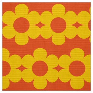 Gult på Orange Flower rand Retro Fabric 60s Tyg