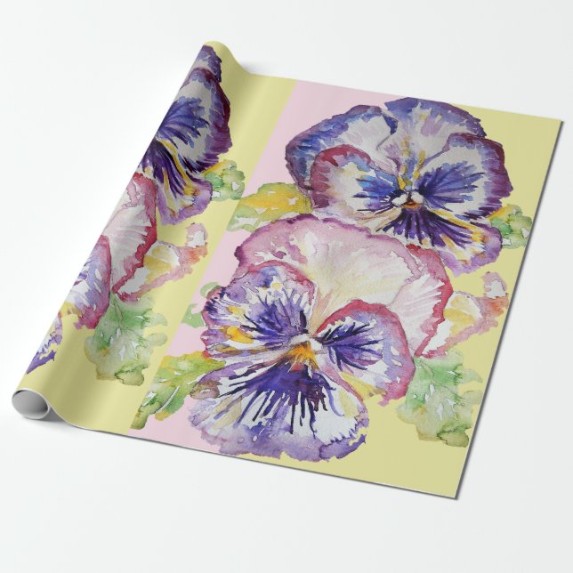 Gult Pansy Rosa Gult Vår blommor Vattenfärg Presentpapper (Utrullad)