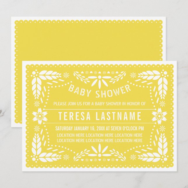 Gult papel picado Mexican neutralt babydusch Inbjudningar (Fram/baksida)