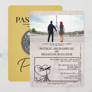 Gult Paris Passport Bröllop Inbjudningar