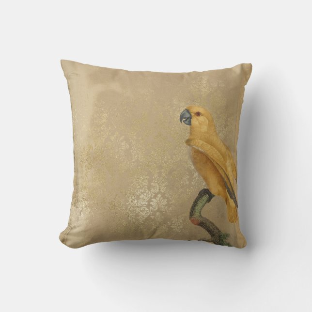 Gult Parrot på Tan och Guld Kudde (Framsida)