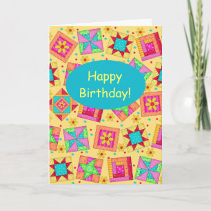 Gult Patchwork Quilt Block Art Grattis på födelsed Kort