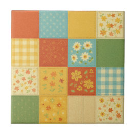Gult Patchwork Quilt Rustic Farmhouse Blommigt Kakelplatta