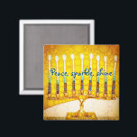 Gult Peace Gnistra Shine Script Hanukkah Menorah Magnet<br><div class="desc">"Fred, gnistra, skina." Ett närliggande foto av en ljus, färgstark, gult och guld artsy-menorah hjälper dig att sätta dig in i helgdag av Hanukkah i stil. Känn julhelgens värme och glädje när du användor den här ljusa, färgstarka Hanukkah-magneten. Matchningskort, porto, klistermärken, kuddar, husvagnar, totepåsar och andra produkter finns också tillgängliga...</div>