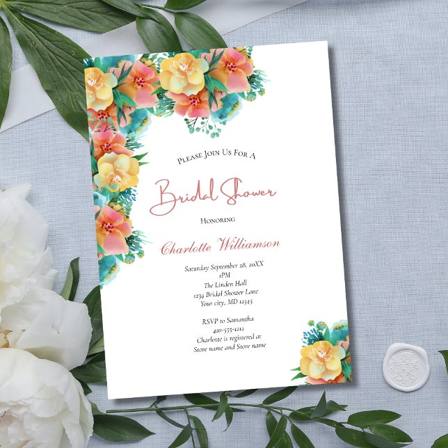Gult Peach Rosa Greenery Blommigt Möhippa Inbjudningar (Yellow Pink Peach Floral with Greenery Bridal Shower Invitation)