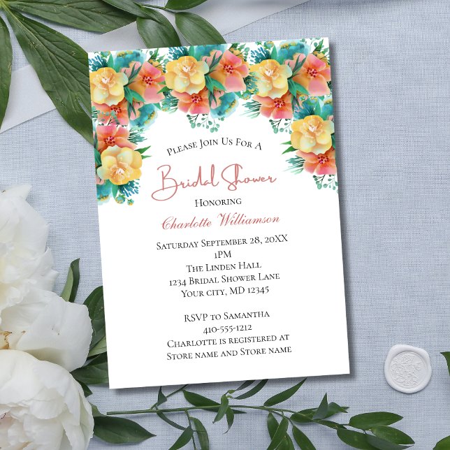 Gult Peach Rosa Greenery Blommigt Möhippa Inbjudningar (Yellow Pink Peach Floral Greenery Bridal Shower Invitation)