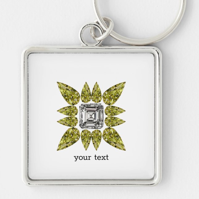Gult Pear Diamond Fyrkantig Silverfärgad Nyckelring (Framsidan)