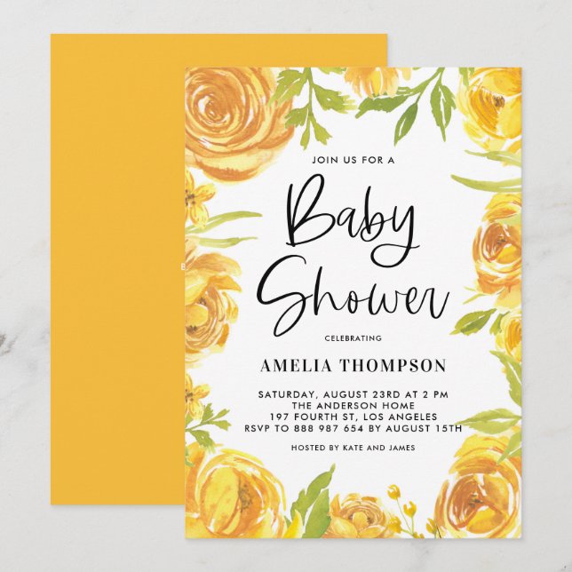 Gult Peonier och Ro Blommigt Utandningsskugga för  Inbjudningar (Fram/baksida)