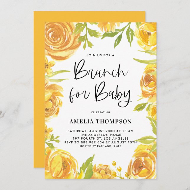 Gult Peonies och Ro Blommigt WAN Baby Brunch Inbjudningar (Fram/baksida)