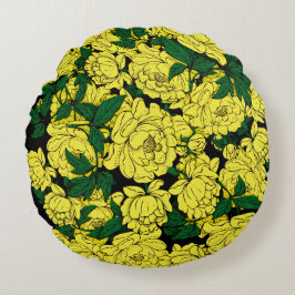 Gult Peonies Rund Kudde