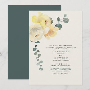 Gult Peonies Teal & Cream Bröllop Bride Parents Inbjudningar
