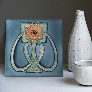 Gult Peony Blue Decor Art nouveau Art Deco Kakelplatta
