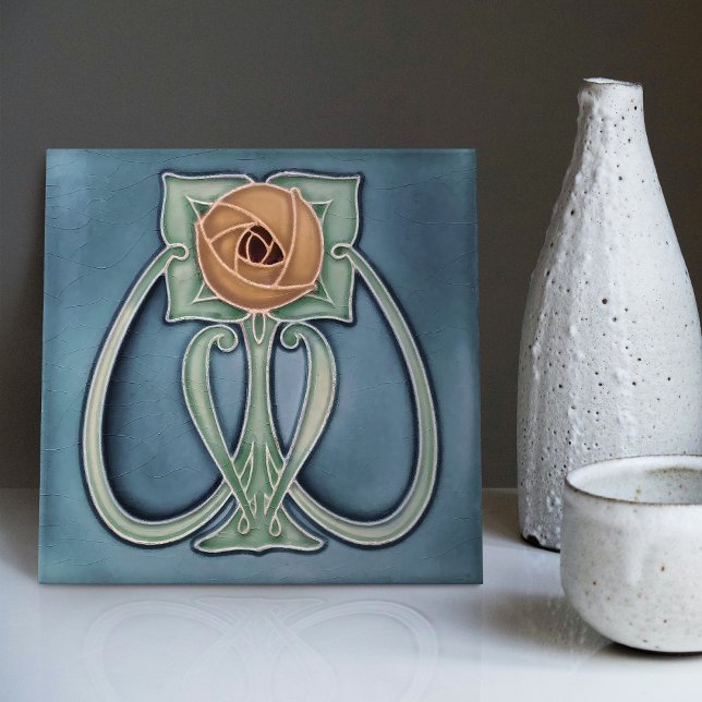 Gult Peony Blue Decor Art nouveau Art Deco Kakelplatta (Skapare uppladdad)