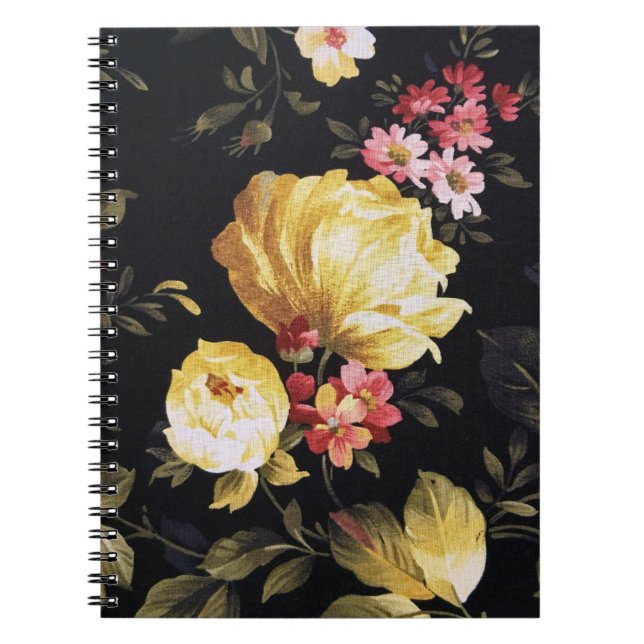 Gult Peony Design på Black Anteckningsbok (Framsidan)