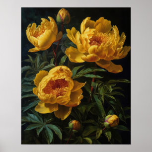 Gult Peony Flowers Art Print Poster