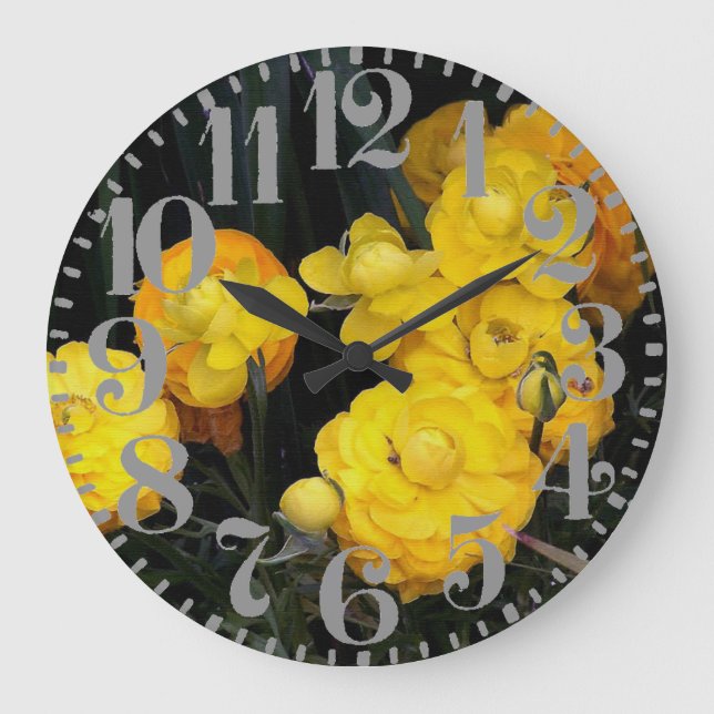 Gult Peony Flowers Big Number Wall Clock Stor Klocka (Framsida)