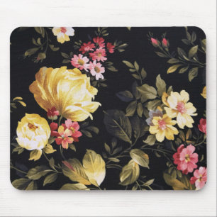 gult peony mönster på svart musmatta