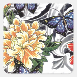 Gult Peony och Butterfly Tattoo Design Fyrkantigt Klistermärke