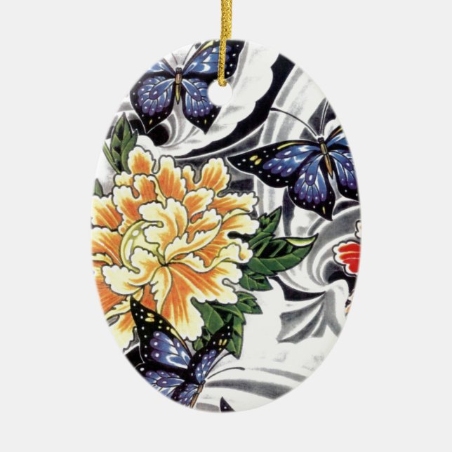 Gult Peony och Butterfly Tattoo Design Julgransprydnad Keramik (Framsidan)