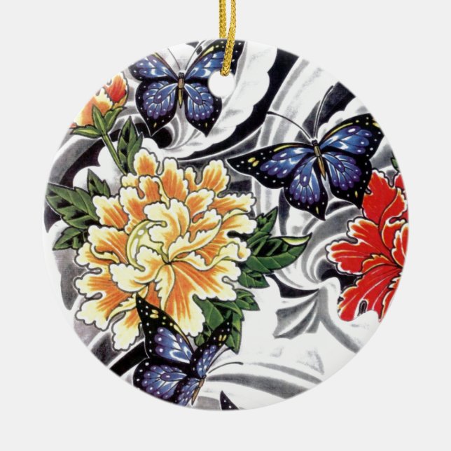 Gult Peony och Butterfly Tattoo Design Julgransprydnad Keramik (Framsidan)