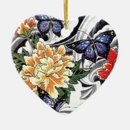 Gult Peony och Butterfly Tattoo Design Julgransprydnad Keramik