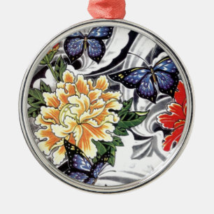 Gult Peony och Butterfly Tattoo Design Julgransprydnad Metall