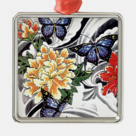 Gult Peony och Butterfly Tattoo Design Julgransprydnad Metall