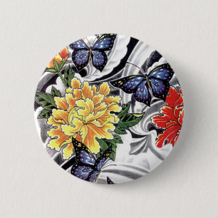 Gult Peony och Butterfly Tattoo Design Knapp