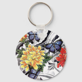 Gult Peony och Butterfly Tattoo Design Nyckelring