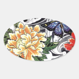 Gult Peony och Butterfly Tattoo Design Ovalt Klistermärke
